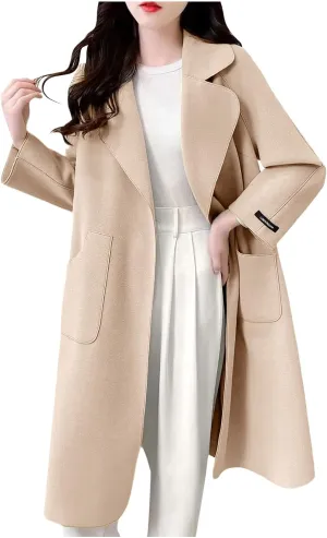 Women's Trench Coats Long Wool Blend Jacket Lapel Long Sleeve Solid Color Warm Overcoat Fall Winter Casual Outerwear