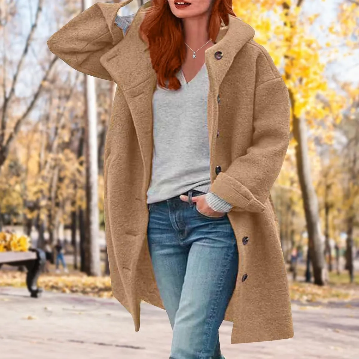 Women's Trench Pea Coats Winter Warm Wool Coats Oversized Mid Long Coat Casual Single Breasted Hooded Peacoats Pocket
