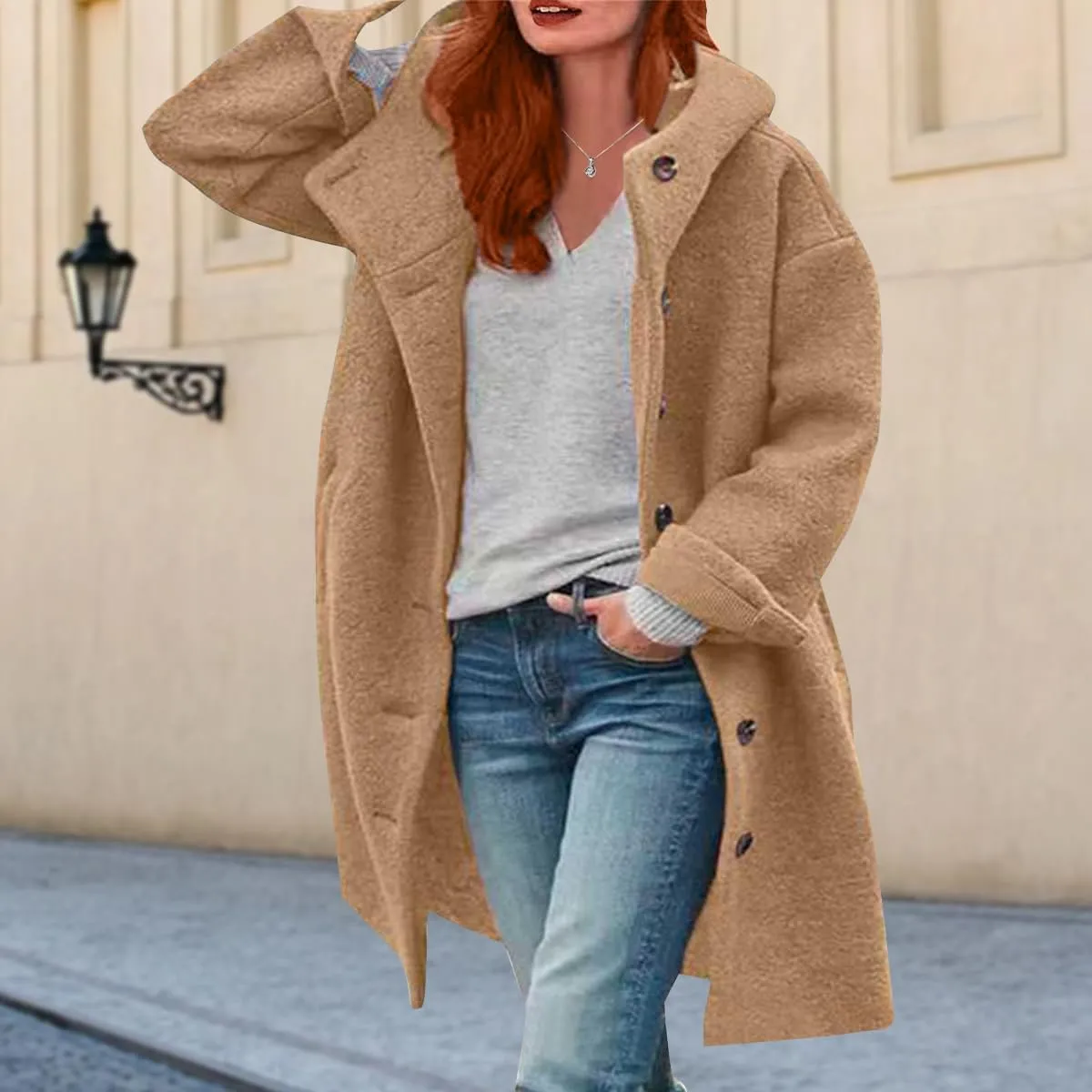 Women's Trench Pea Coats Winter Warm Wool Coats Oversized Mid Long Coat Casual Single Breasted Hooded Peacoats Pocket