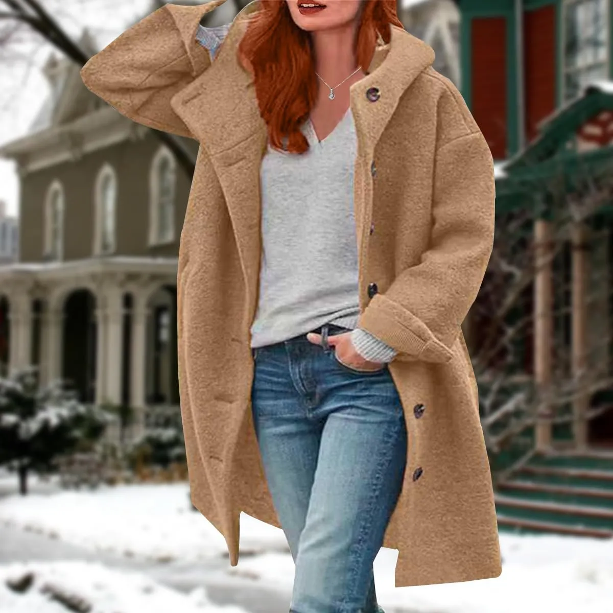 Women's Trench Pea Coats Winter Warm Wool Coats Oversized Mid Long Coat Casual Single Breasted Hooded Peacoats Pocket