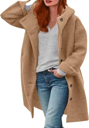 Women's Trench Pea Coats Winter Warm Wool Coats Oversized Mid Long Coat Casual Single Breasted Hooded Peacoats Pocket