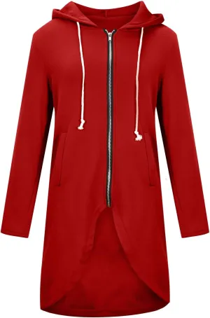 Women's Tunic Long Length Full Zip Hooded Jacket, Womens Casual Drawstring Zip Up Long Hoodies Sweatshirt with Pockets