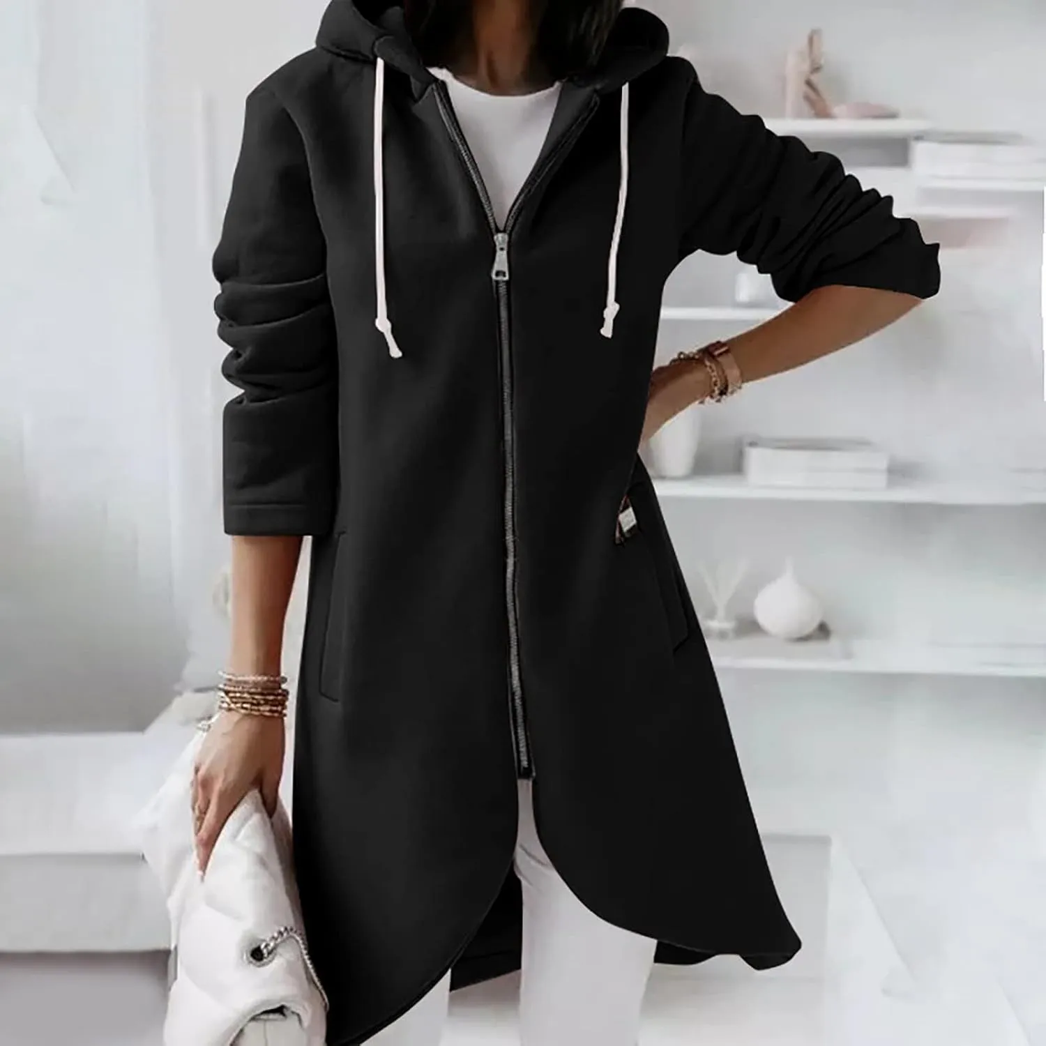 Women's Tunic Long Length Full Zip Hooded Jacket, Womens Casual Drawstring Zip Up Long Hoodies Sweatshirt with Pockets