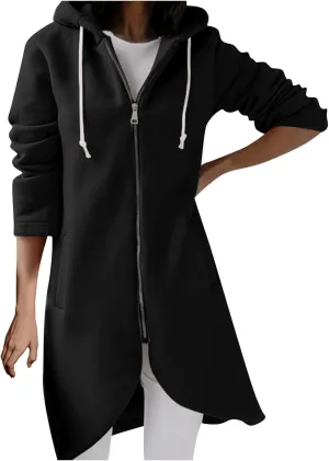 Women's Tunic Long Length Full Zip Hooded Jacket, Womens Casual Drawstring Zip Up Long Hoodies Sweatshirt with Pockets