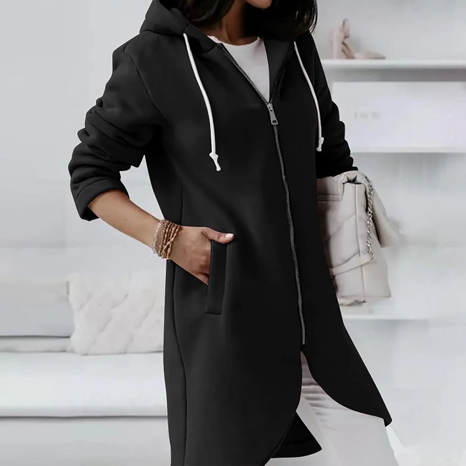 Women's Tunic Long Length Full Zip Hooded Jacket, Womens Casual Drawstring Zip Up Long Hoodies Sweatshirt with Pockets