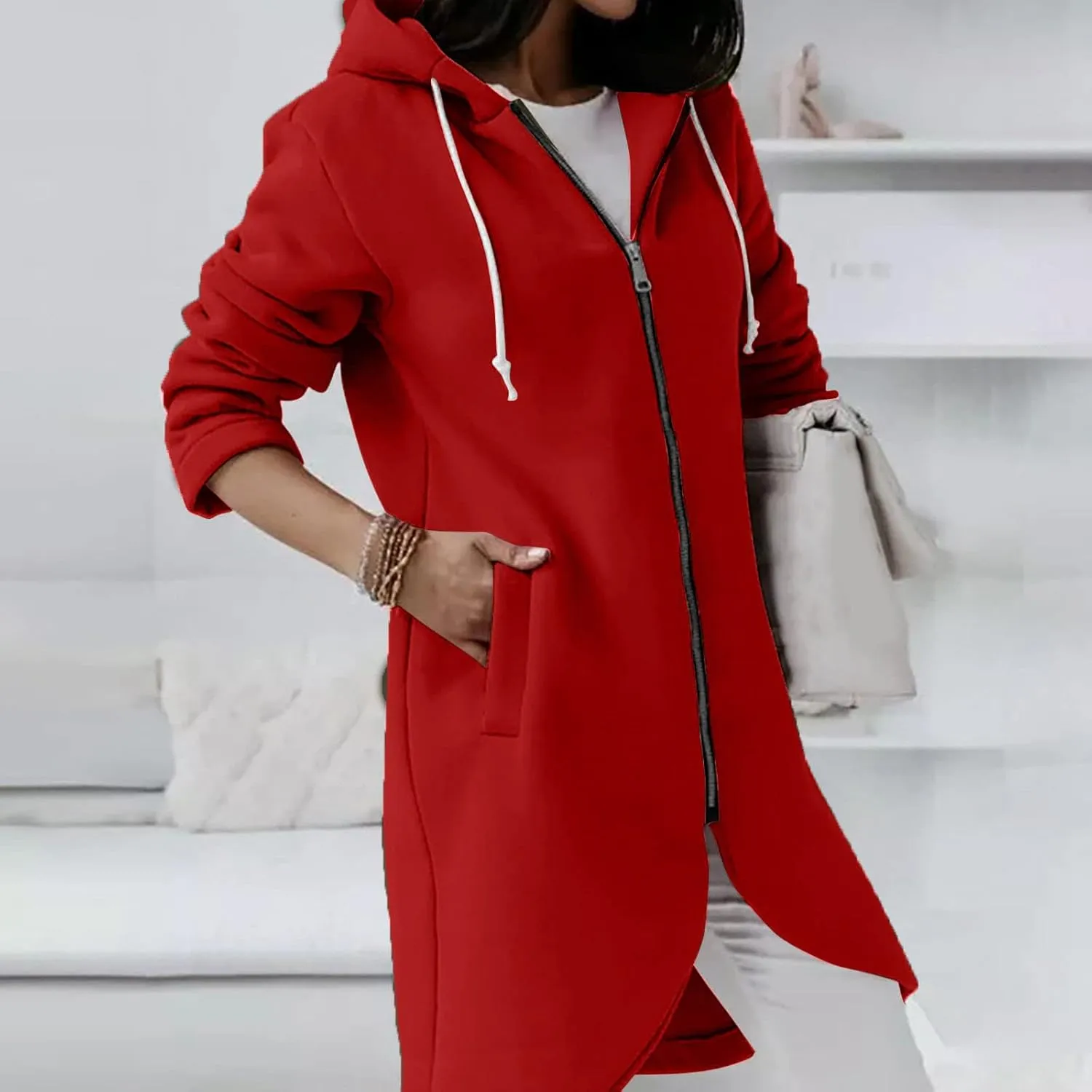 Women's Tunic Long Length Full Zip Hooded Jacket, Womens Casual Drawstring Zip Up Long Hoodies Sweatshirt with Pockets