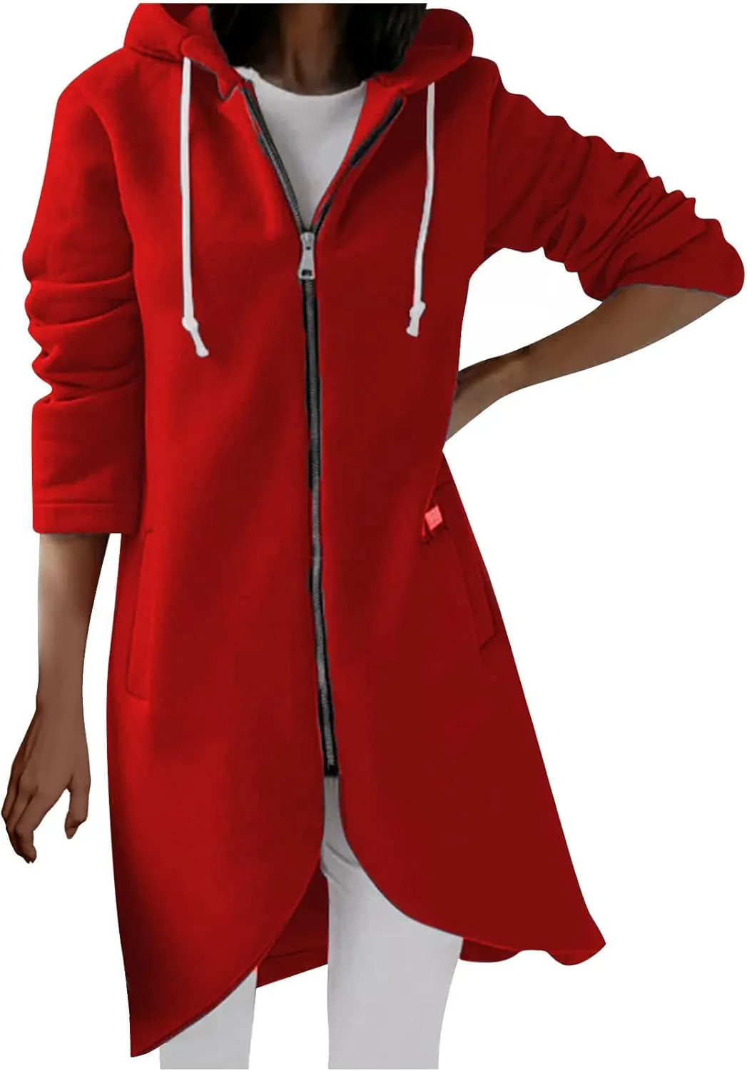 Women's Tunic Long Length Full Zip Hooded Jacket, Womens Casual Drawstring Zip Up Long Hoodies Sweatshirt with Pockets