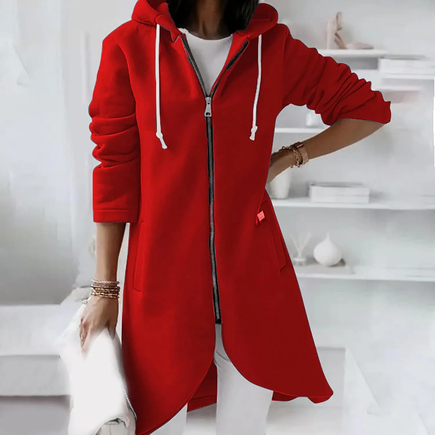 Women's Tunic Long Length Full Zip Hooded Jacket, Womens Casual Drawstring Zip Up Long Hoodies Sweatshirt with Pockets