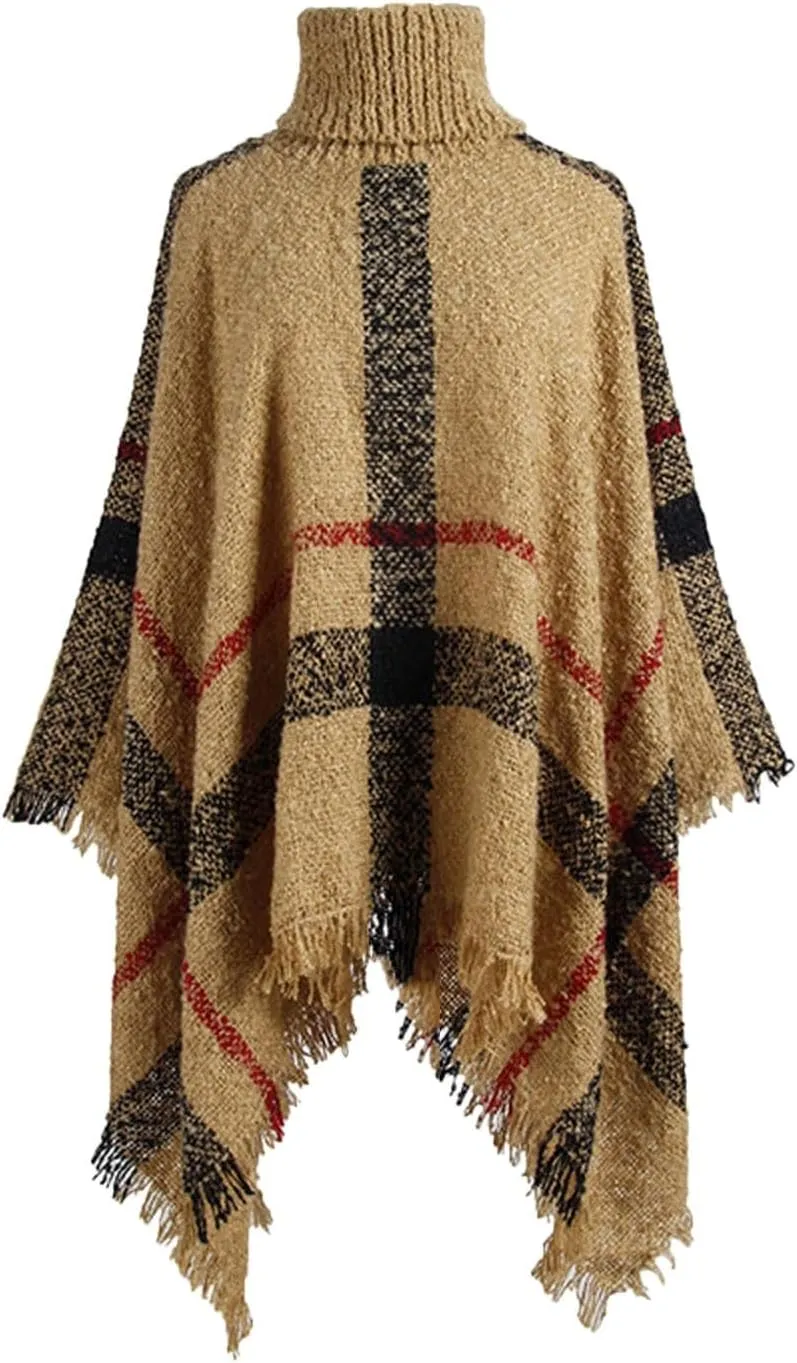 Womens Turtleneck Ponchos Sweater Versatile Lightweight Striped Knit Shawl Wraps Scarf Raw Hem Pullover Tops Cape Gift
