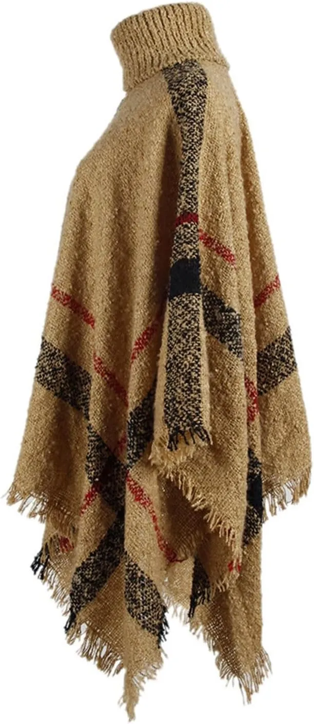 Womens Turtleneck Ponchos Sweater Versatile Lightweight Striped Knit Shawl Wraps Scarf Raw Hem Pullover Tops Cape Gift