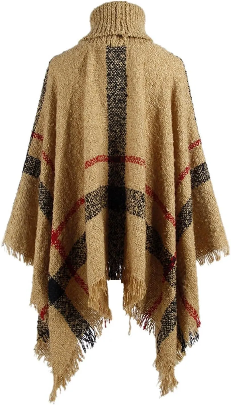 Womens Turtleneck Ponchos Sweater Versatile Lightweight Striped Knit Shawl Wraps Scarf Raw Hem Pullover Tops Cape Gift