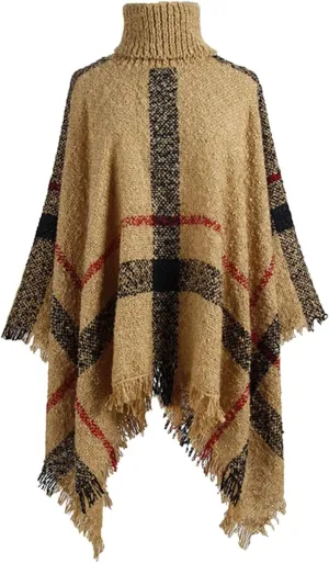 Womens Turtleneck Ponchos Sweater Versatile Lightweight Striped Knit Shawl Wraps Scarf Raw Hem Pullover Tops Cape Gift