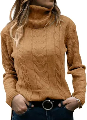 Womens Turtleneck Sweaters Long Sleeve Chunky Pullover Sweater Casual Slim Fit Fall Loose Knit Jumper Tops 2024