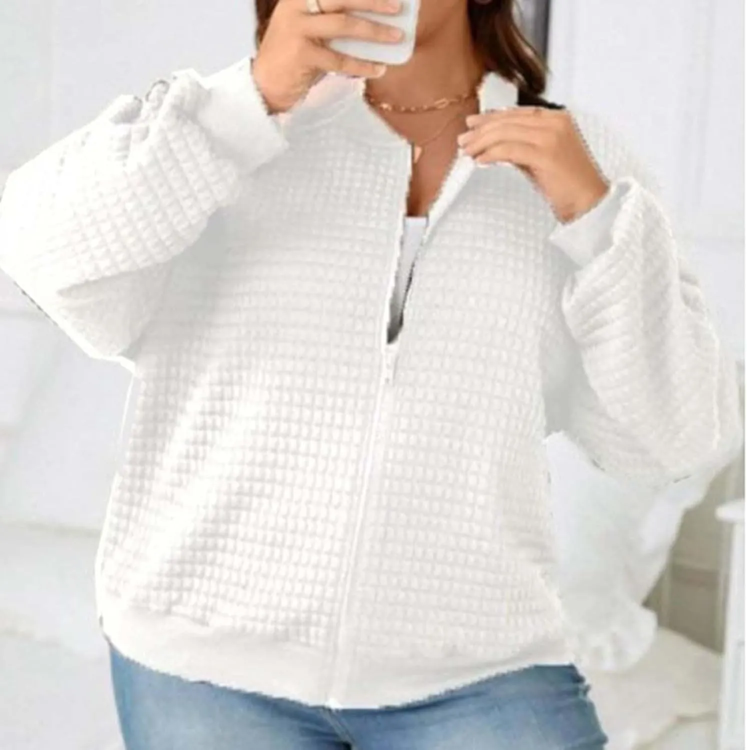 Womens Waffle Jackets Solid Color Full Zip Up Stand Neck Casual Loose Hoodies Long Sleeve Fashion Outwear Sports Coat