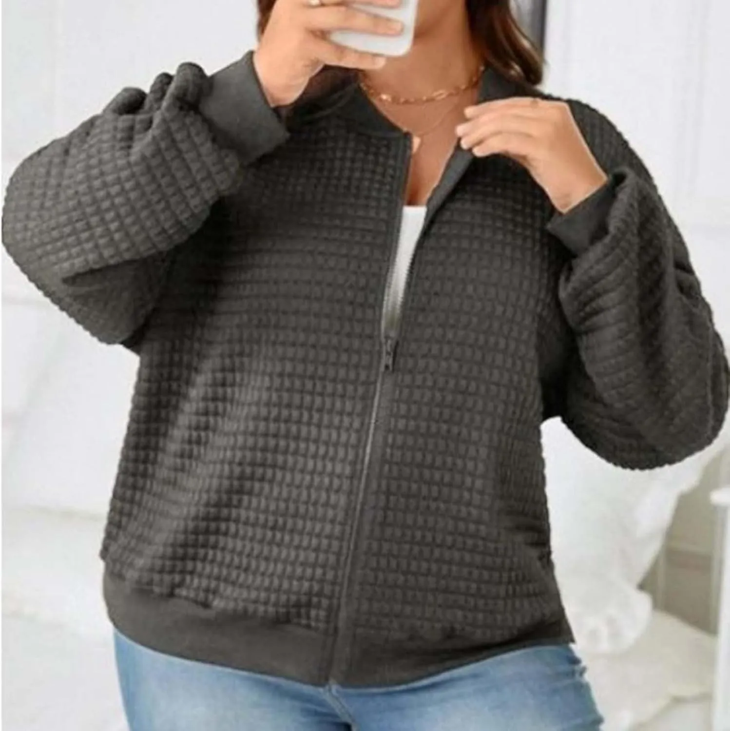 Womens Waffle Jackets Solid Color Full Zip Up Stand Neck Casual Loose Hoodies Long Sleeve Fashion Outwear Sports Coat