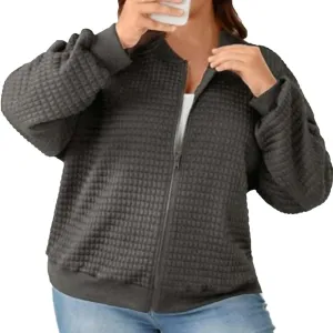Womens Waffle Jackets Solid Color Full Zip Up Stand Neck Casual Loose Hoodies Long Sleeve Fashion Outwear Sports Coat