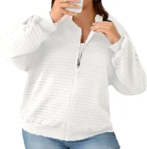 Womens Waffle Jackets Solid Color Full Zip Up Stand Neck Casual Loose Hoodies Long Sleeve Fashion Outwear Sports Coat