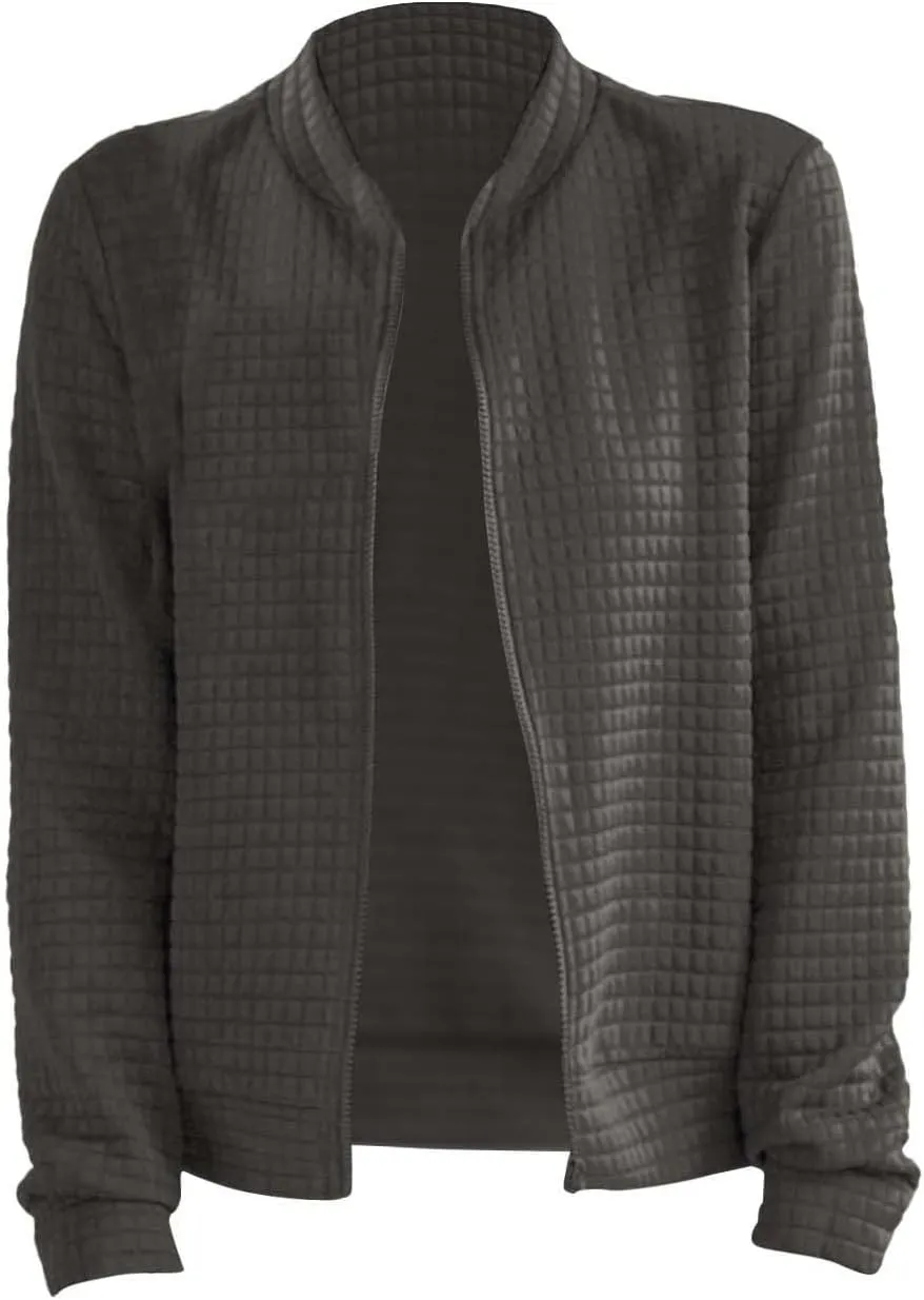 Womens Waffle Jackets Solid Color Full Zip Up Stand Neck Casual Loose Hoodies Long Sleeve Fashion Outwear Sports Coat
