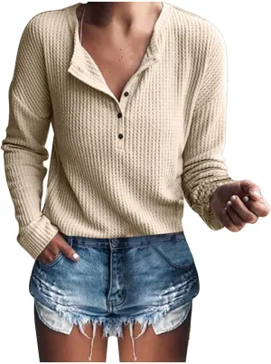 Women's Waffle Tops Casual Knitted Quarter Button Down V Neck Solid Color Long Sleeve Tunics Daily Fashion Work Tops