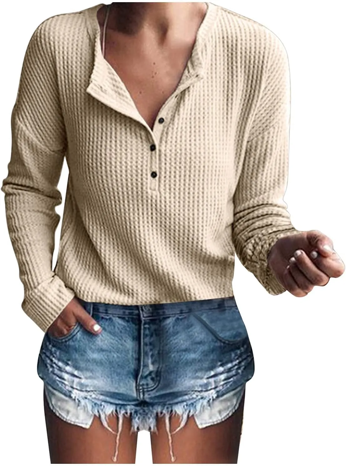 Women's Waffle Tops Casual Knitted Quarter Button Down V Neck Solid Color Long Sleeve Tunics Daily Fashion Work Tops