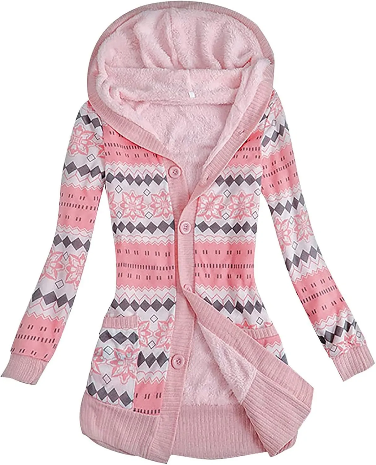 Women's Warm Hooded Cardigan Coats Winter Printed Knitted Button Oversized Long Cardigans Sweater for Women 2023