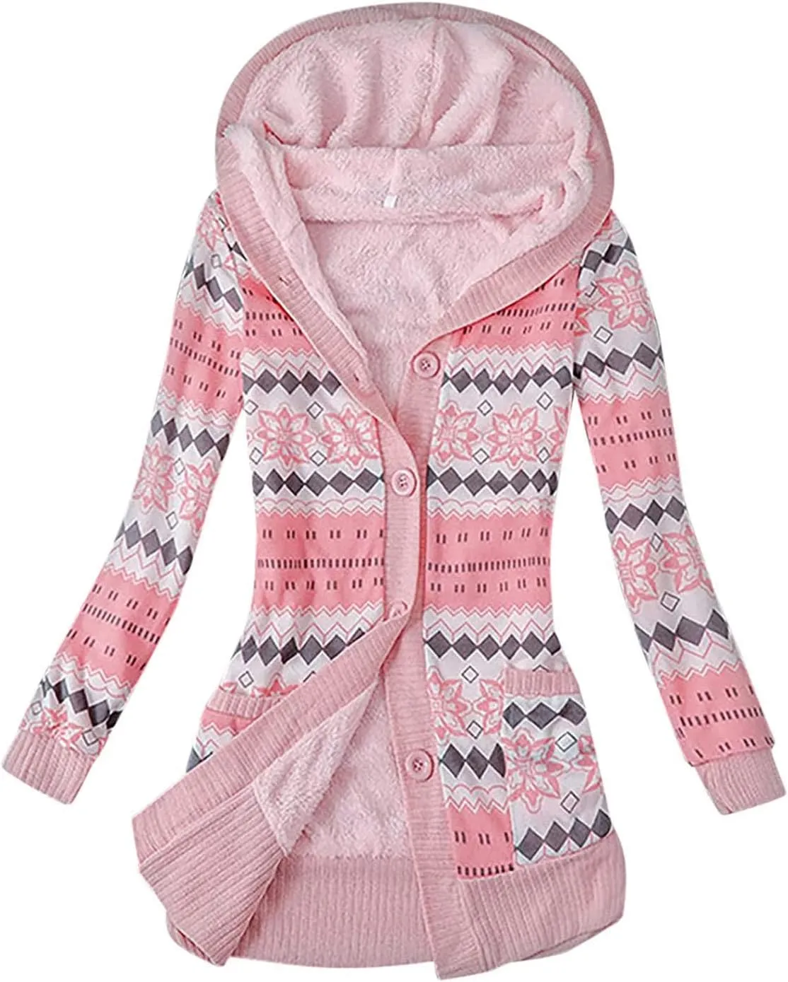 Women's Warm Hooded Cardigan Coats Winter Printed Knitted Button Oversized Long Cardigans Sweater for Women 2023