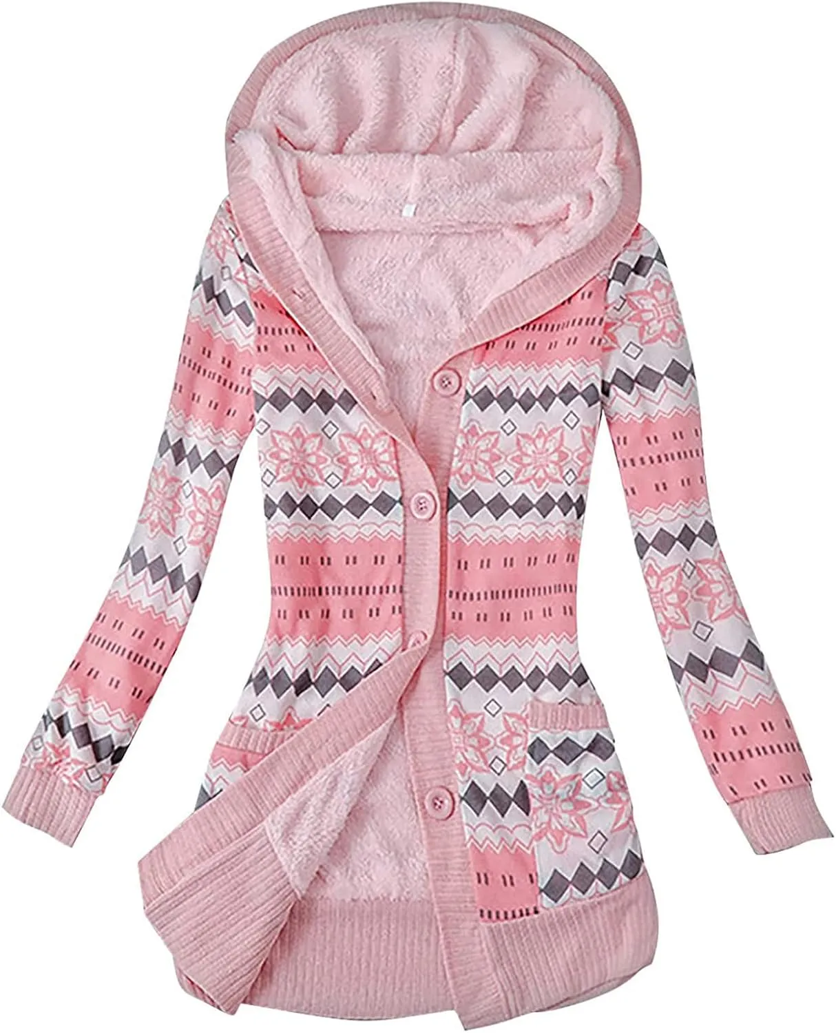 Women's Warm Hooded Cardigan Coats Winter Printed Knitted Button Oversized Long Cardigans Sweater for Women 2023