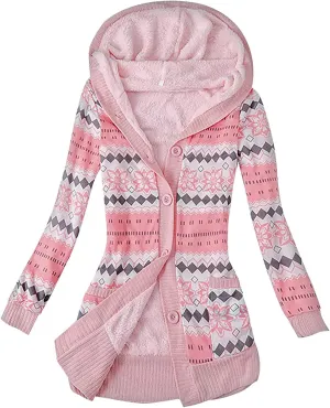 Women's Warm Hooded Cardigan Coats Winter Printed Knitted Button Oversized Long Cardigans Sweater for Women 2023
