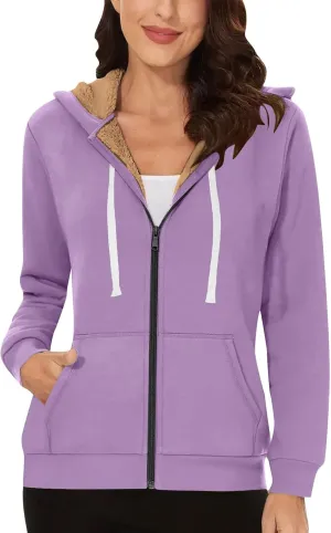 Womens Winter Coats Sherpa Lined Black Hoodie Cozy Fleece Jacket Zip Up Sweatshirts Winter Warm Fluffy Hooded Outerwear