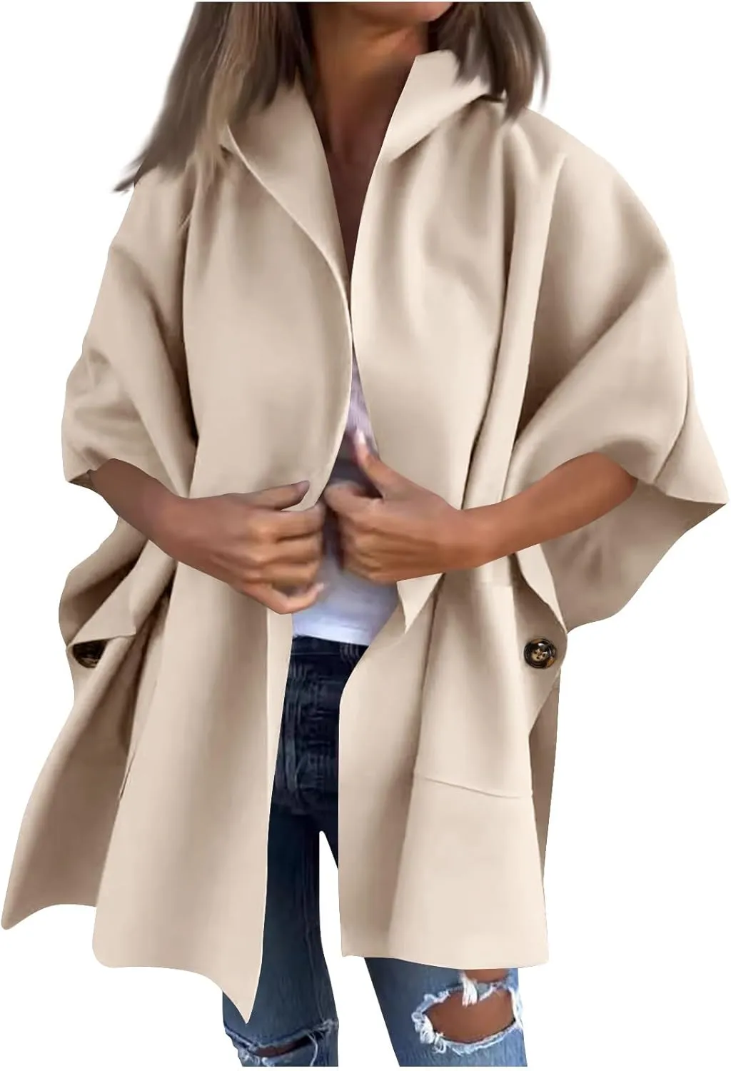 Womens Winter Trench Coat Oversized Wool Blend Jacket Warm Thick Jacket Peacoat Plus Size Batwing Sleeve Cardigan