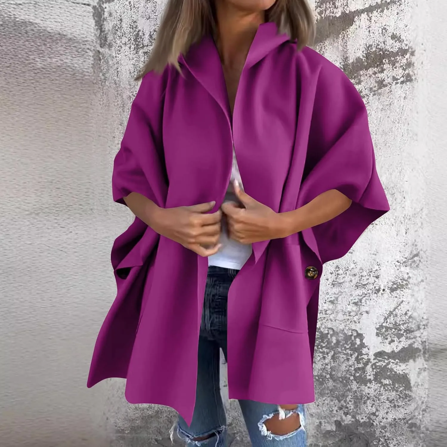Womens Winter Trench Coat Oversized Wool Blend Jacket Warm Thick Jacket Peacoat Plus Size Batwing Sleeve Cardigan