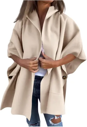 Womens Winter Trench Coat Oversized Wool Blend Jacket Warm Thick Jacket Peacoat Plus Size Batwing Sleeve Cardigan