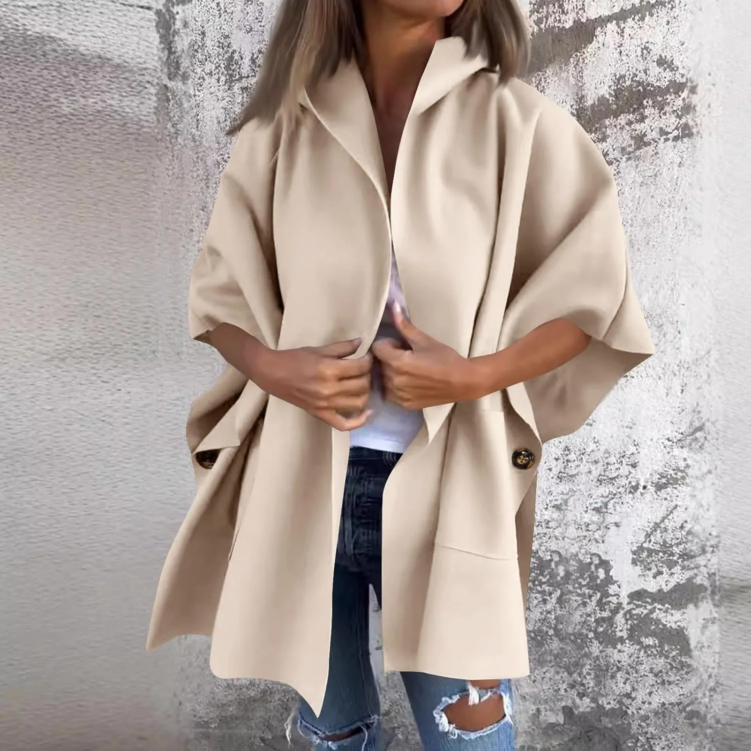 Womens Winter Trench Coat Oversized Wool Blend Jacket Warm Thick Jacket Peacoat Plus Size Batwing Sleeve Cardigan