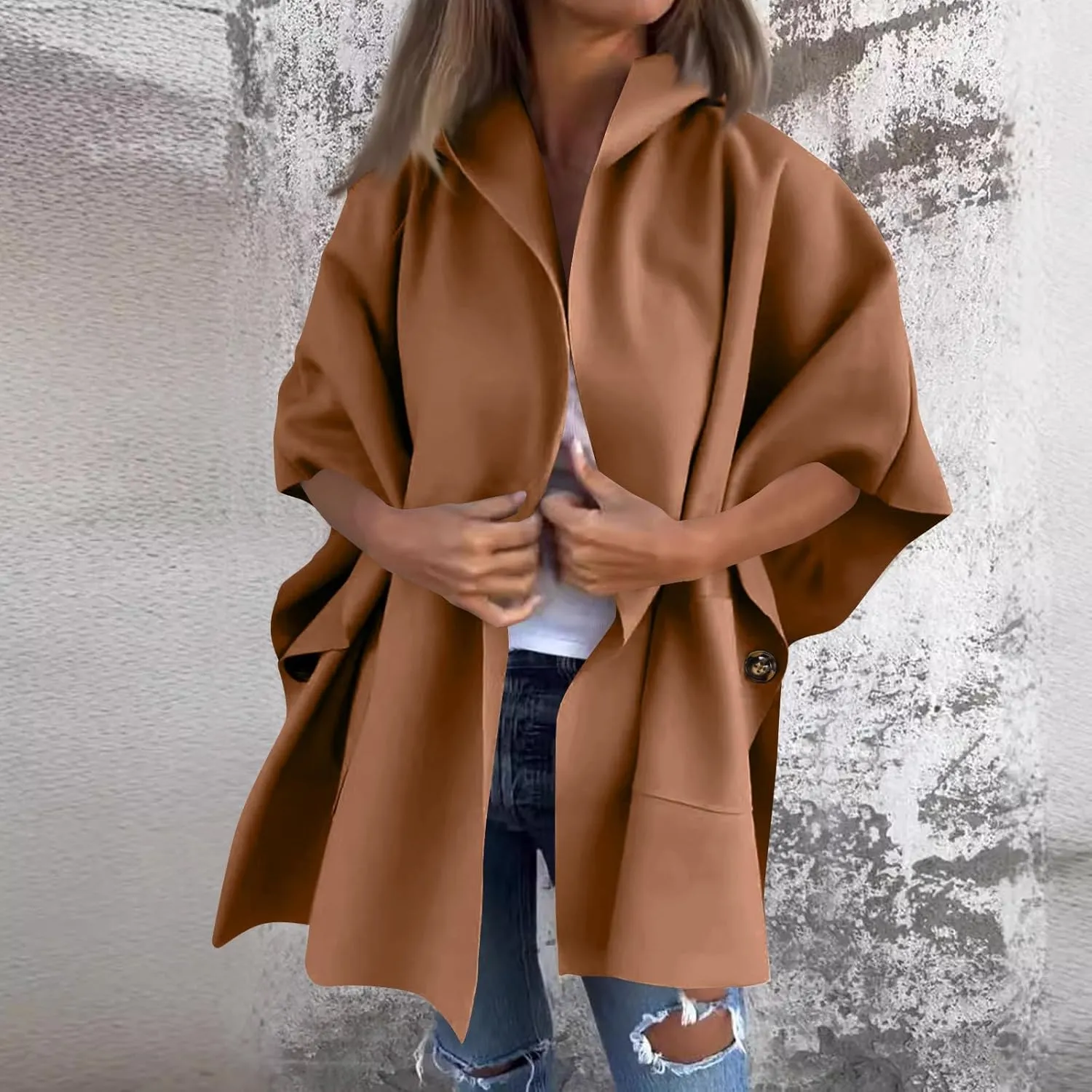 Womens Winter Trench Coat Oversized Wool Blend Jacket Warm Thick Jacket Peacoat Plus Size Batwing Sleeve Cardigan