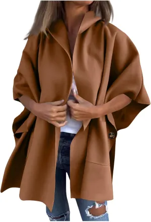 Womens Winter Trench Coat Oversized Wool Blend Jacket Warm Thick Jacket Peacoat Plus Size Batwing Sleeve Cardigan