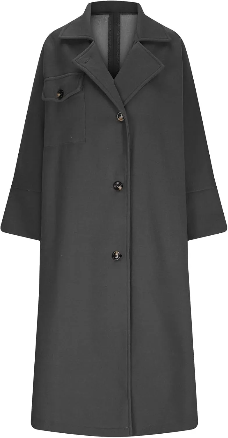 Womens Wool Blend Coat Casual Loose Button Down Lapel Solid Color Trench Coat Jacket Fall Winter Warm Soft Overcoat