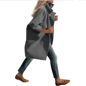 Womens Wool Blend Coat Casual Loose Button Down Lapel Solid Color Trench Coat Jacket Fall Winter Warm Soft Overcoat
