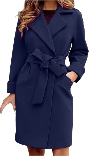 WomenS Wool Blend Winter Coats Double Breasted Notch Lapel Trench Coat Thicken Warm Overcoat Jackets with Belts