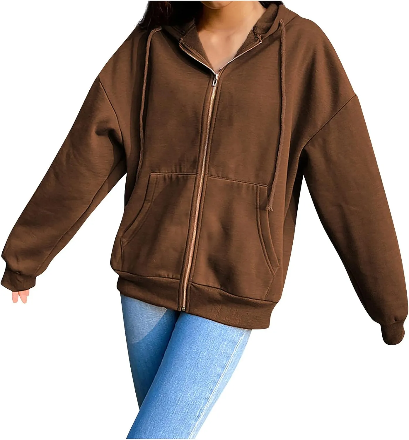 Women's Zip Front Drawstring Hoodie Long Sleeve Casual Sweatshirt Top Black Hoodies for Women