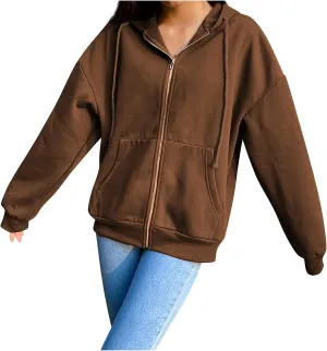 Women's Zip Front Drawstring Hoodie Long Sleeve Casual Sweatshirt Top Black Hoodies for Women
