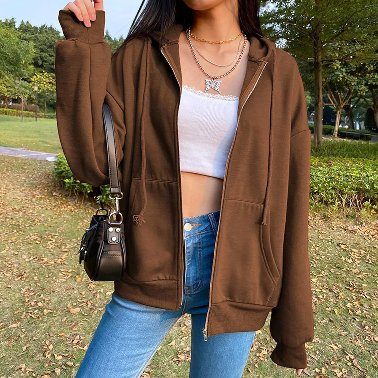 Women's Zip Front Drawstring Hoodie Long Sleeve Casual Sweatshirt Top Black Hoodies for Women