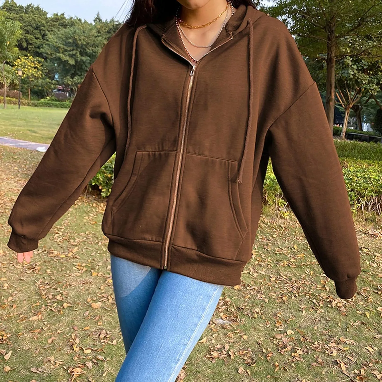 Women's Zip Front Drawstring Hoodie Long Sleeve Casual Sweatshirt Top Black Hoodies for Women