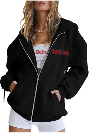 Womens Zip Up Hoodies Fashion Oversized Long Sleeve Drop Shoulder Hooded Jackets Fall Back Funny Letter Print Coats