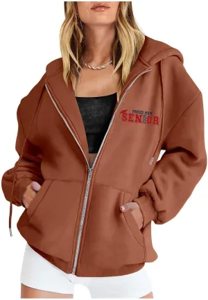 Womens Zip Up Hoodies Fashion Oversized Long Sleeve Drop Shoulder Hooded Jackets Fall Back Funny Letter Print Coats