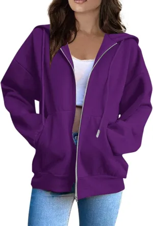 Womens Zip Up Hoodies Lightweight Fleece Jacket Oversized Hooded Sweatshirt Casual Drawstring Fall Clothes w/Pockets