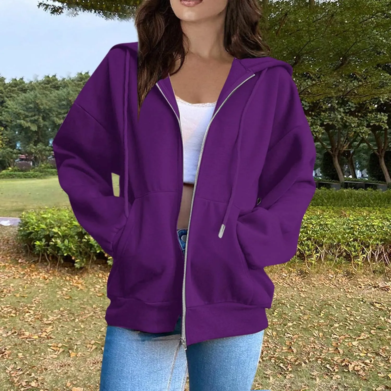 Womens Zip Up Hoodies Lightweight Fleece Jacket Oversized Hooded Sweatshirt Casual Drawstring Fall Clothes w/Pockets