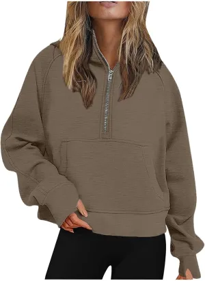 Womens Zip up Hoodies Oversized Sweatshirts Half Zip Cropped Pullover Fleece Preppy Clothes Fall Teen Girls Outfits