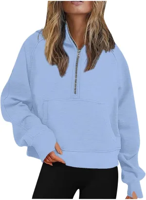 Womens Zip up Hoodies Oversized Sweatshirts Half Zip Cropped Pullover Fleece Preppy Clothes Fall Teen Girls Outfits