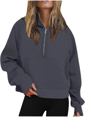 Womens Zip up Hoodies Oversized Sweatshirts Half Zip Cropped Pullover Fleece Preppy Clothes Fall Teen Girls Outfits