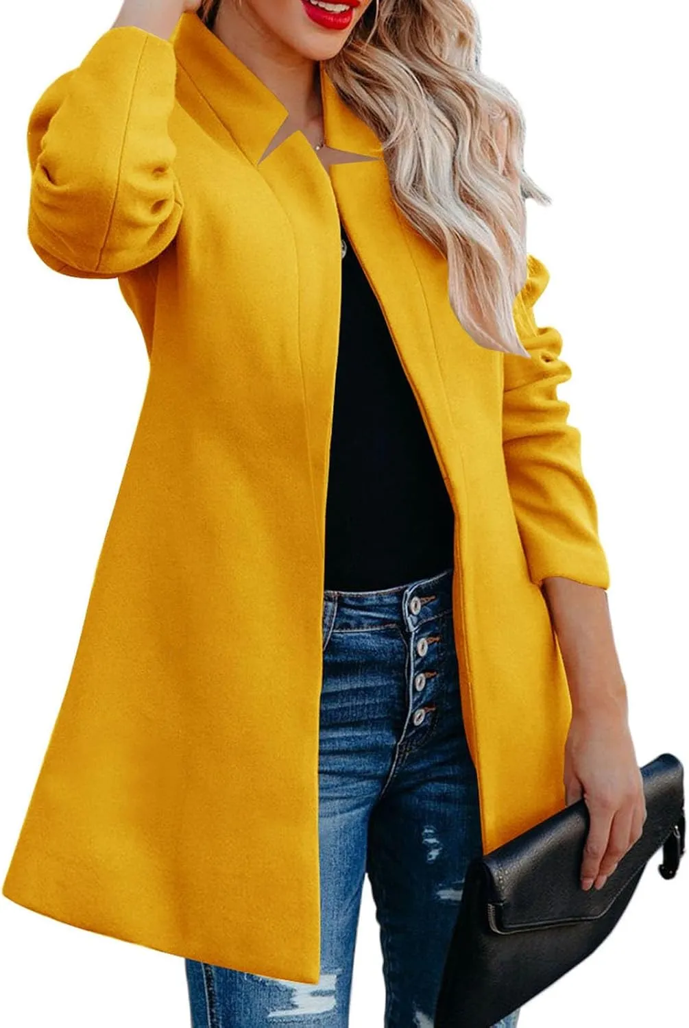 Wool Coats for Women Casual Notch Lapel Open Front Cardigan Outwear Mid Length Solid Color Pea Trench Coat 2023